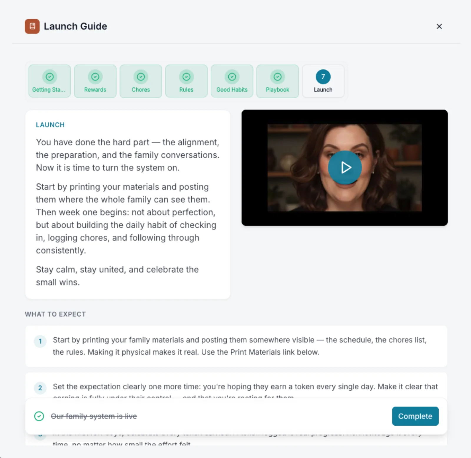 famio Launch Guide showing the seven onboarding steps